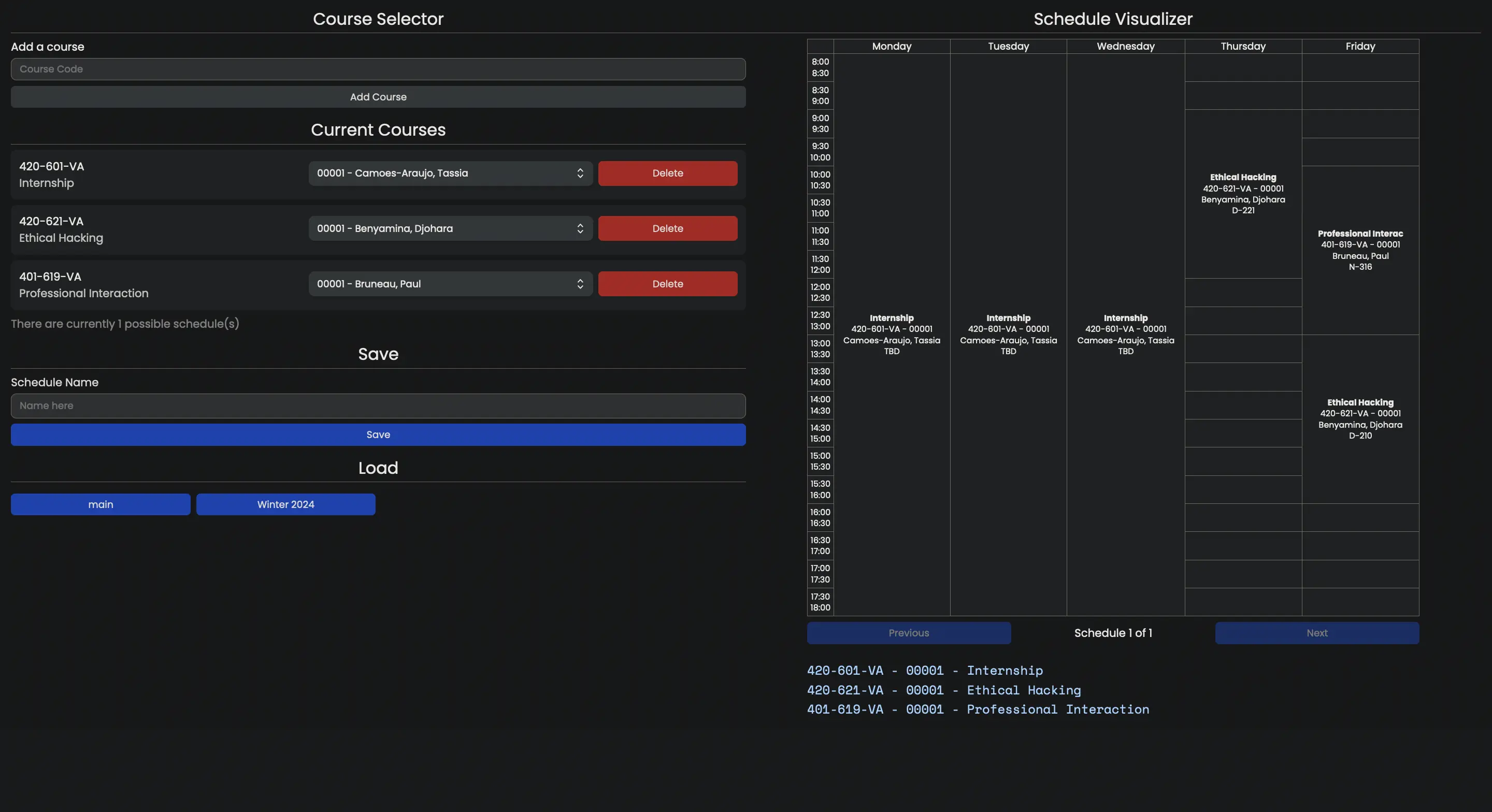 Vanier Schedule Builder project screenshot