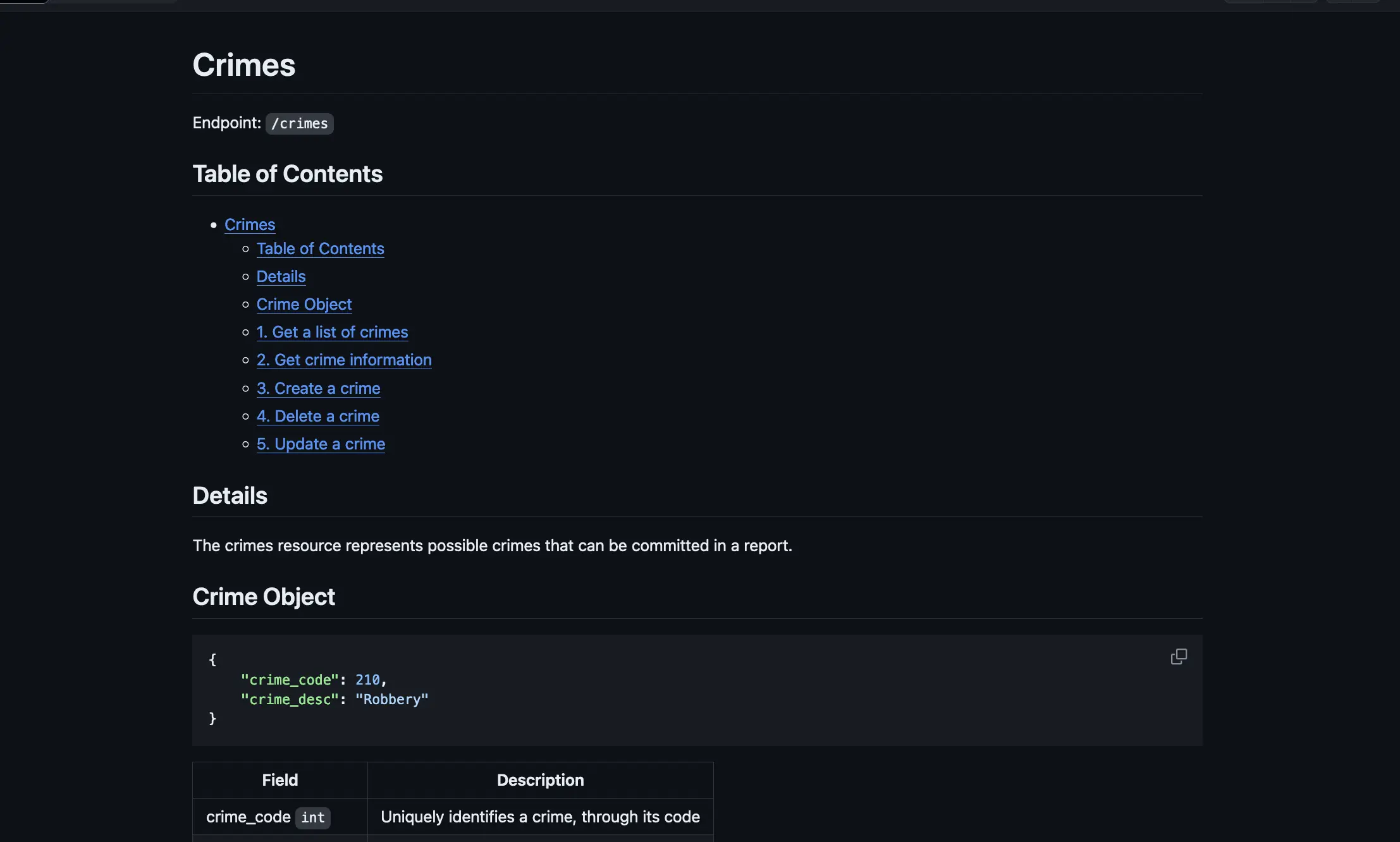 Crimes API project screenshot
